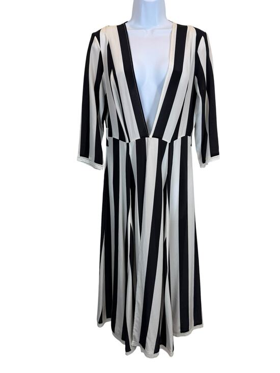 No Brand Other - 100% Silk Robe Womens Extra Small Black Ivory Striped Beetlejuice Minimalist